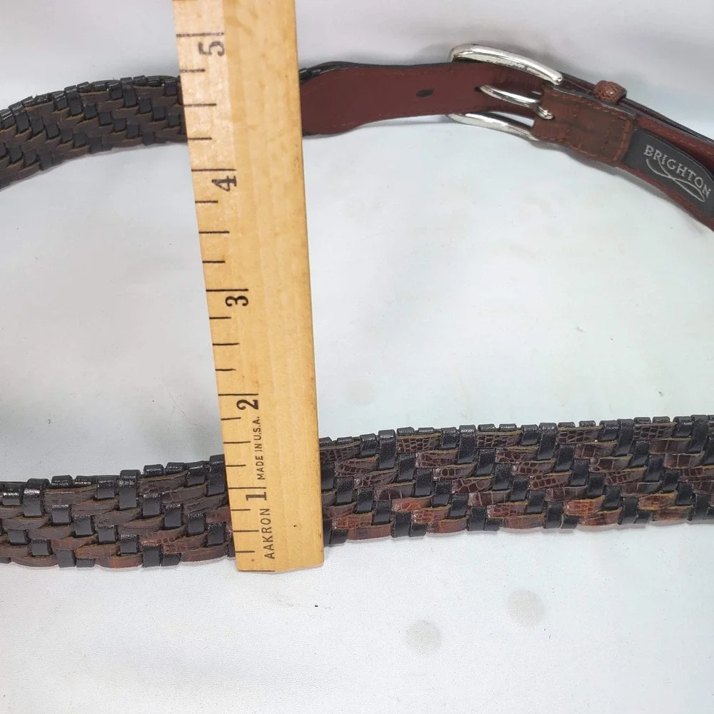 Brighton Woven Belt 36 Brown Black Lizard Embossed Leather P4100 Silver Buckle